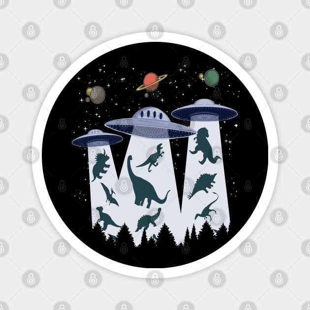 Dinosaur abduction by alien flying saucer funny cute graphic, UFO outer space lover cartoon, Men Women, Magnet by Luxera Wear